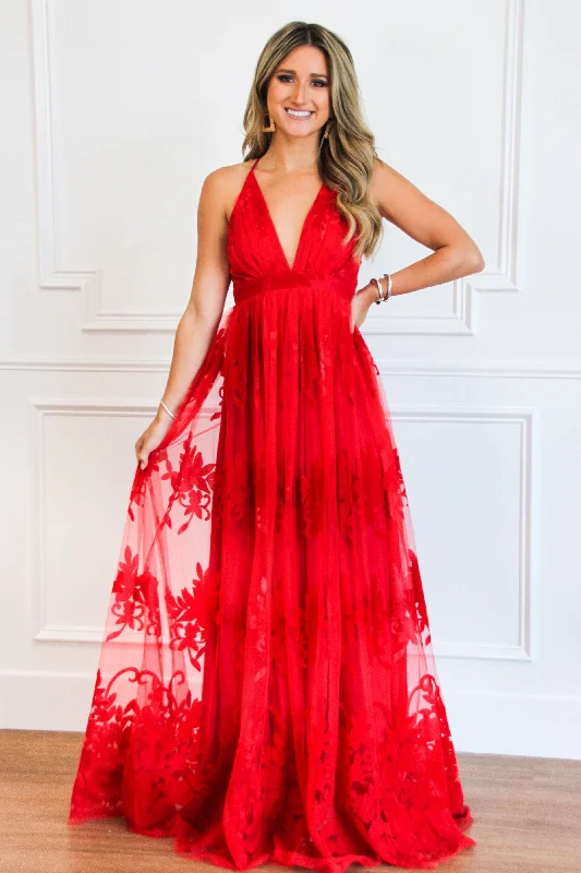 Here Comes the Bride Maxi Dress: Red Comfortable Maxi Dress with Sleeves