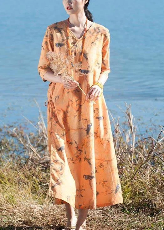 Italian O Neck Half Sleeve Dress Yellow Flower And Bird Print Maxi Dress Comfortable Cotton Maxi Dress