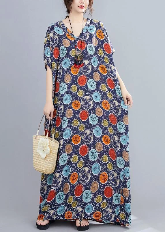 Italian v neck Batwing Sleeve blue dotted Maxi Dresses Fashionable High-Low Maxi Dress