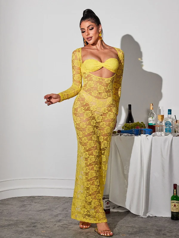 Jerryl Long Sleeve Cutout Lace Maxi Dress In Yellow Chic Summer Floral Maxi Dress