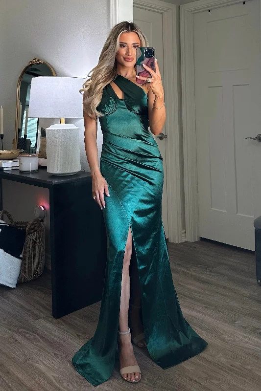 Lasting Lover Satin One Shoulder Maxi Dress: Emerald Trendy Floral Print Maxi Dress