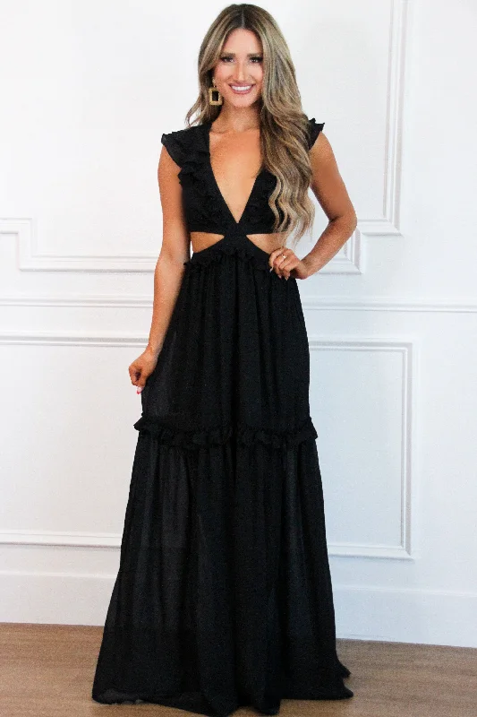 Leave You With a Smile Flutter Sleeve Maxi Dress: Black Elegant Maxi Dress with Slit