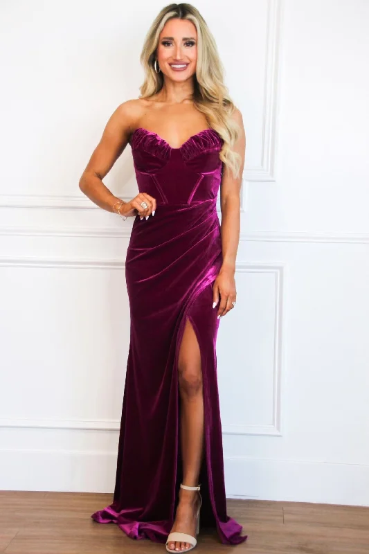 Lennox Strapless Velvet Maxi Dress: Berry Elegant Floral Maxi Dress