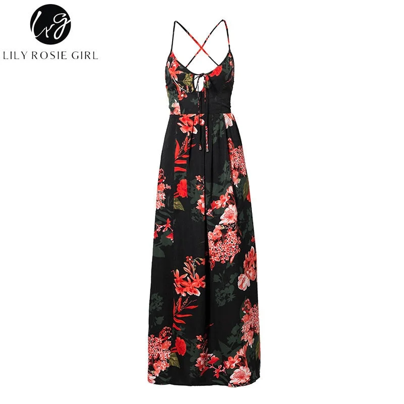 Lily Rosie Girl Red Floral Print Sexy Lace Up V Neck Women Maxi Dresses Summer Split Backless Beach Long Vestidos Boho Dress Stylish V-Neck Maxi Dress