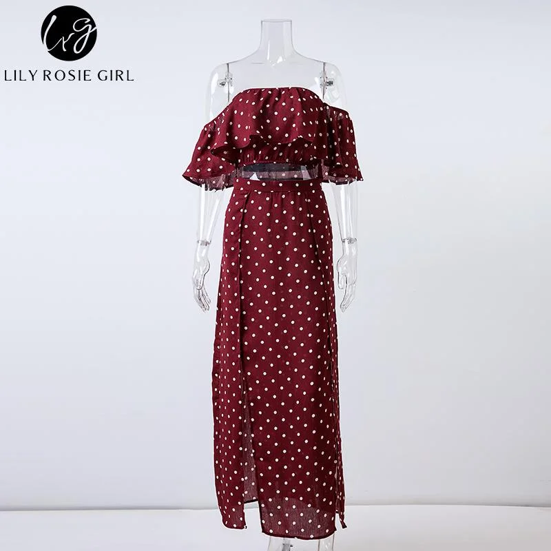 Lily Rosie Girl Women 2022 Off Shoulder Red Vintage Dot Long Dress Summer Maxi Dress Chiffon Ruffle Sexy Beach Dresses Vestidos Fashionable Printed Maxi Dress