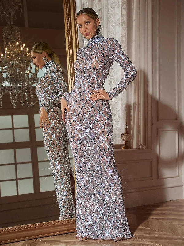 Liora Long Sleeve Sequin Crystal Maxi Dress In Silver Fashionable Open-Back Maxi Dress