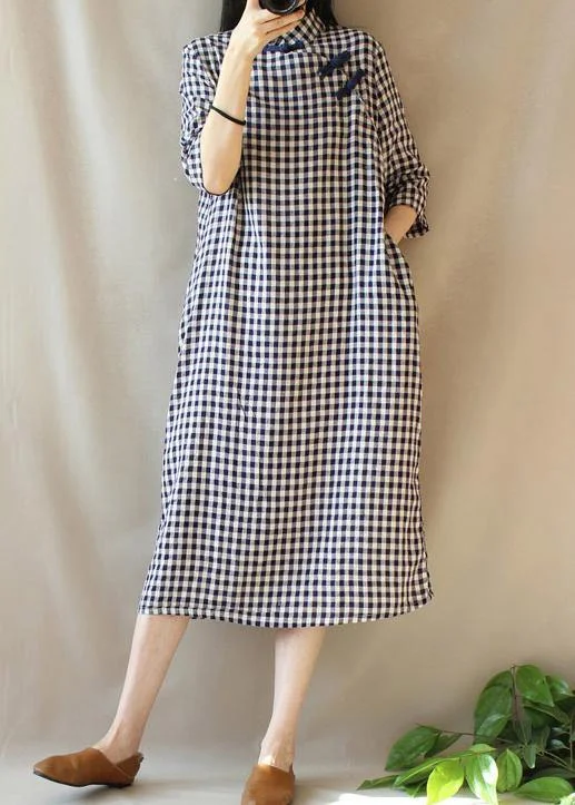 Loose Stand Collar Chinese Button Outfit Work Plaid Maxi Dresses Elegant Sleeveless Maxi Dress