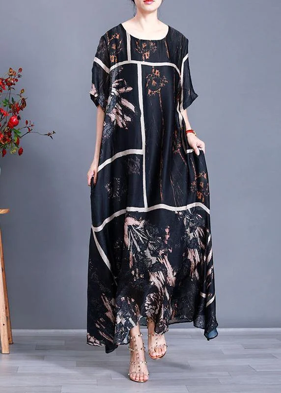 Modern Black Print Satin Maxi Dress Plus Size Patchwork Caftan Comfortable Maxi Dress with Slits