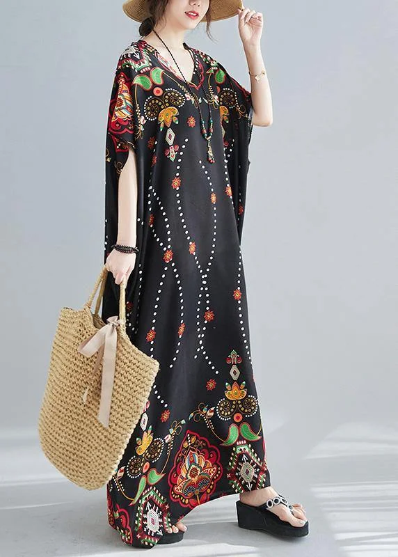 Modern V Neck Spring Clothes Women Wardrobes Black Print Maxi Dress Stylish V-Neck Maxi Dress