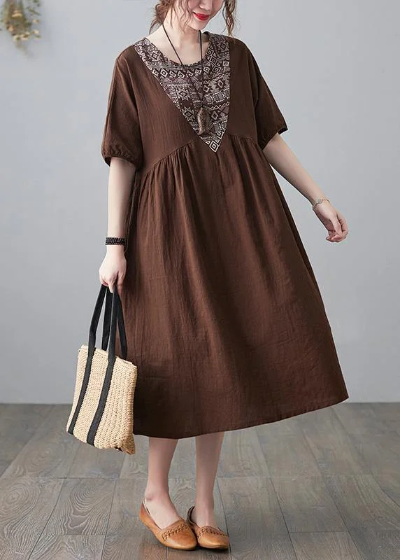 Natural Chocolate Patchwork Short Sleeve Maxi Dresses Summer Trendy Floral Print Maxi Dress