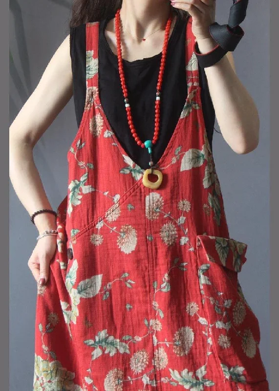 Natural Red Print Pockets carpenter Maxi Dress Summer Cotton Linen Comfortable Cotton Maxi Dress