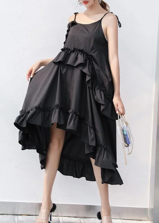 New Black Summer Ruffles Cotton Maxi Dresses Comfortable Satin Maxi Dress