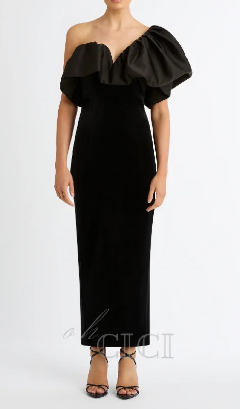 One Shoulder Puff Sleeve maxi Dress in black Trendy Satin Maxi Dress