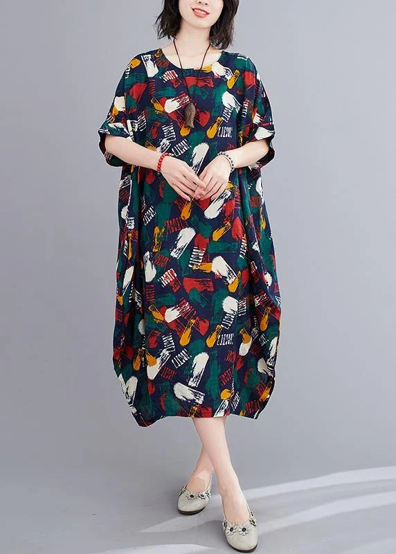 Organic o neck Batwing Sleeve dress Fabrics blue print Maxi Dresses Trendy Maxi Dress with Bow