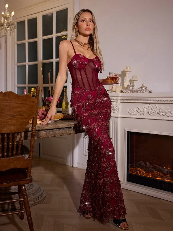 Ottis Sequin Fringe Maxi Dress In Red Chic Sleeveless Maxi Dress