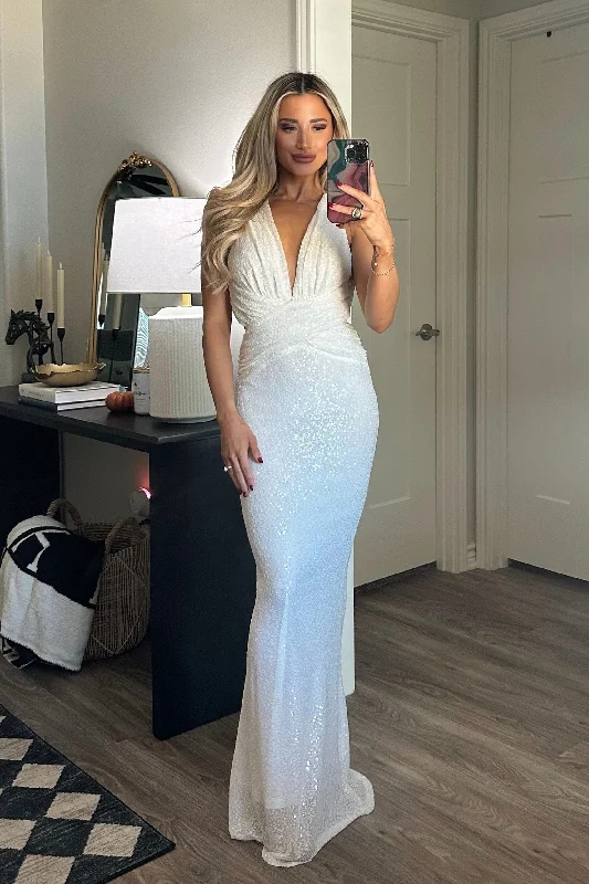 Out of the Woods Open Back Sequin Maxi Dress: White Comfortable Long-Sleeve Maxi Dress