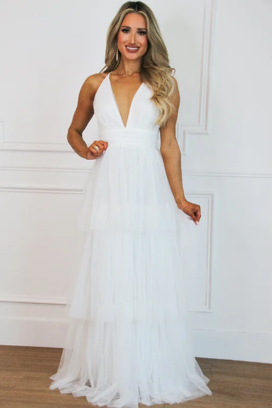 Precious Love Tiered Maxi Dress: White Fashionable Chiffon Tiered Maxi Dress