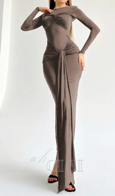 Round neck ribbed knit maxi dress in coffee Elegant Tiered Maxi Dress