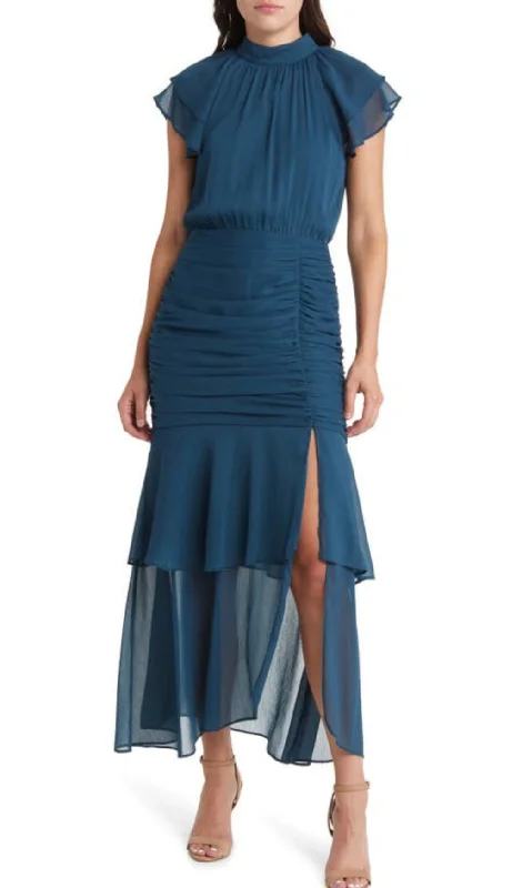 Ruched Ruffle Chiffon Maxi Dress In Teal Fashionable Layered Maxi Dress