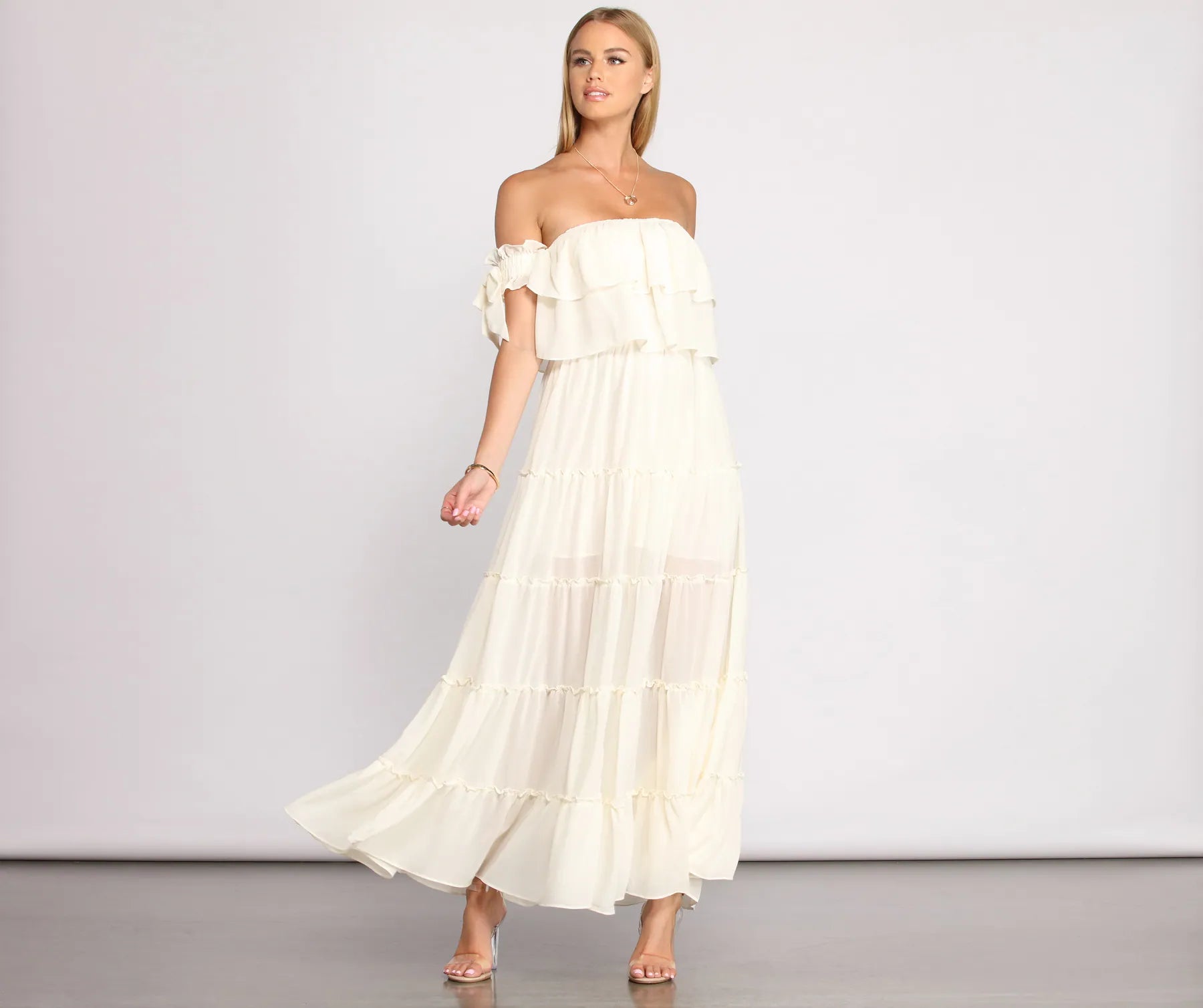 Ruffled Romance Off The Shoulder Maxi Dress Elegant Maxi Dress with Ruffles