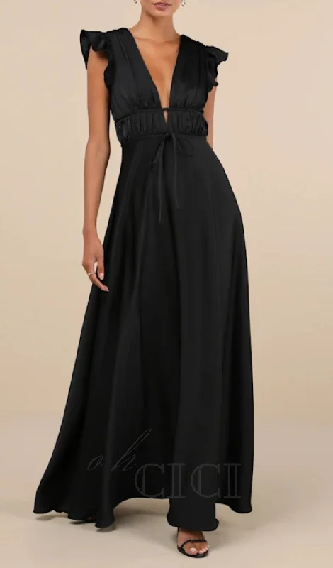 SATIN CUTOUT RUFFLED MAXI DRESS Elegant Lace Maxi Dress