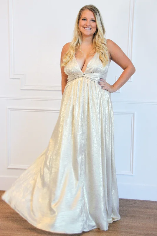 Shining Love Maxi Dress: Ivory/Gold Comfortable Satin Maxi Dress