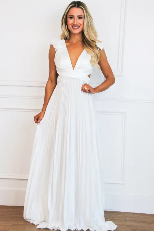 Somewhere With You Pleated Open Back Maxi Dress: White Elegant Maxi Dress with Ruffles