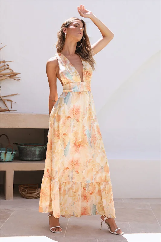 Time Passing Maxi Dress Yellow Stylish Maxi Dress with Frills