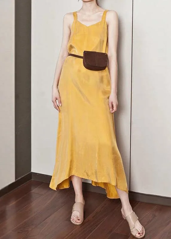 Luxy Silk Dress Yellow Spaghetti Strap Maxi Dress Sundresses Fashionable Button-Down Maxi Dress