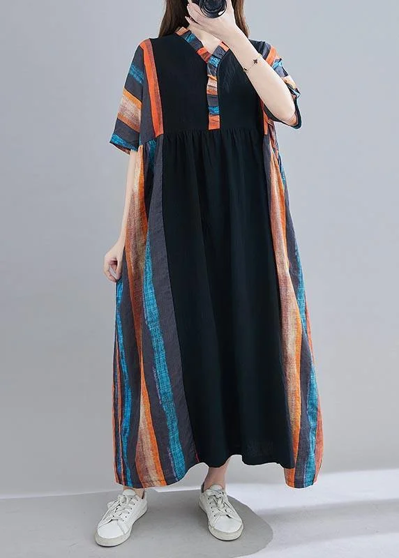 Women V Neck Patchwork Summer Dress Outfits Multicolor Striped Maxi Dress Fashionable Off-Shoulder Maxi Dress