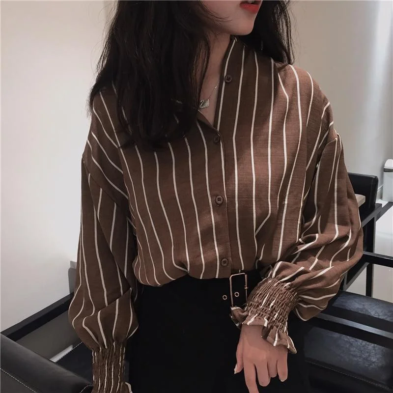 Cute Tops For Women Striped Casual Shirts Classic Style Shirts Notch Collar Peter Pan Collar Cowl Neck