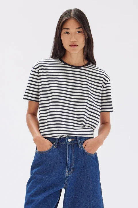 Assembly Label - Womens Harbour Stripe Short Sleeve Tee, True Navy/ White Anti-Shrink Durable Soft