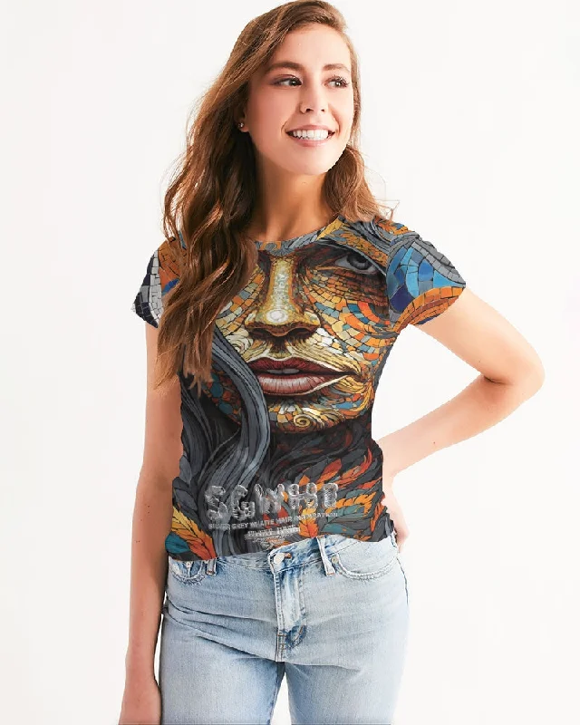 Beautiful Mosaic White Sister  Women's All-Over Print Tee Welt Pockets Slit Pockets Flap Pockets