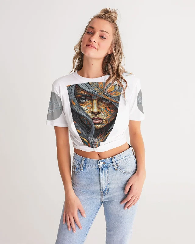 Beautiful Mosaic White Sister  Women's All-Over Print Twist-Front Cropped Tee Embroidered Appliqued Beaded