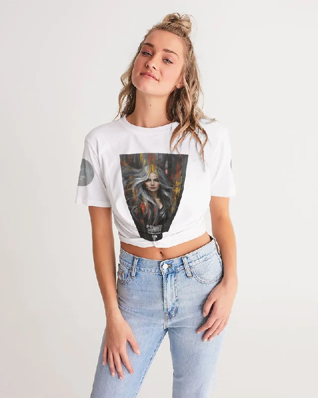 Beautiful white Sister [Part two collection] Women's All-Over Print Twist-Front Cropped Tee Silk Blend Satin Velvet