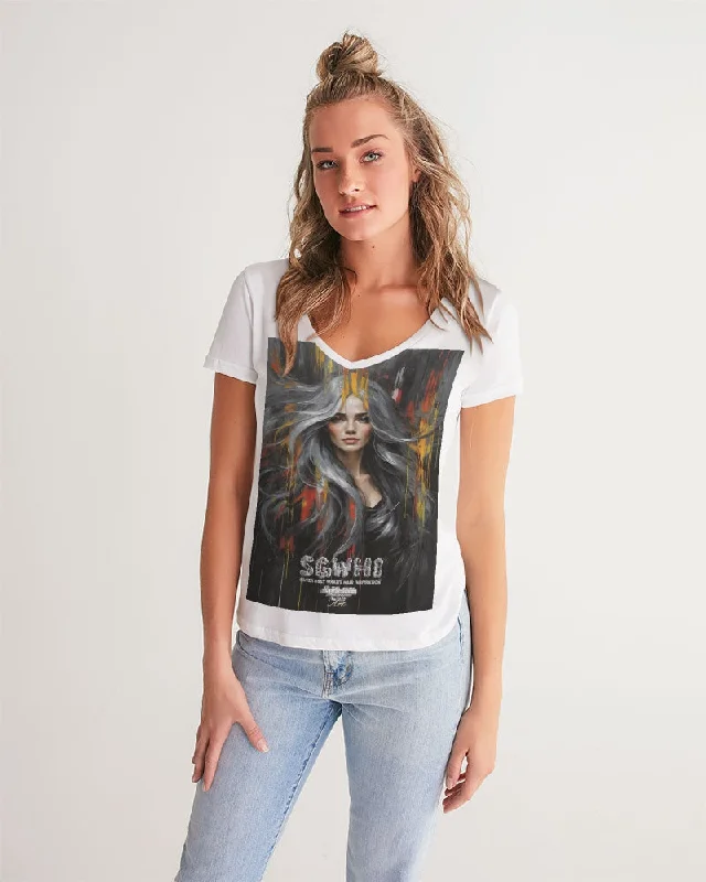 Beautiful white Sister [Part two collection] Women's All-Over Print V-Neck Tee Silk Blend Satin Velvet