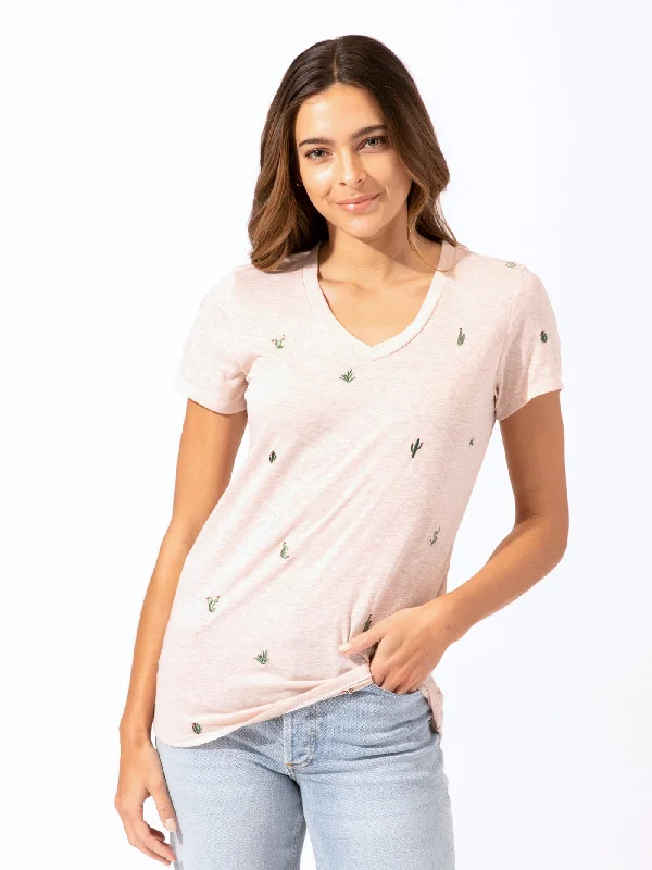 Cacti Embroidery V-Neck Tee Polka Dot Checkered Tartan