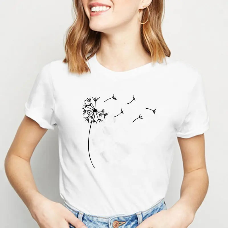 Dandelion Print Casual Funny Short Sleeve O-Neck T-shirt Asymmetrical Pockets Print