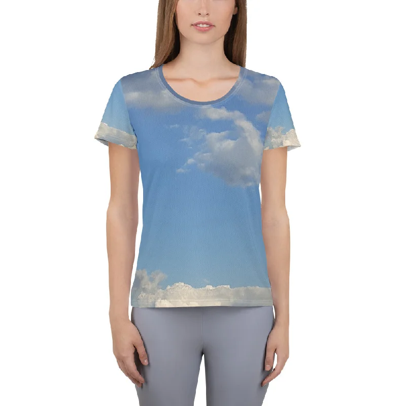 GG - Women's Athletic T-shirt - Clouds & Blue Sky Notch Collar Peter Pan Collar Cowl Neck