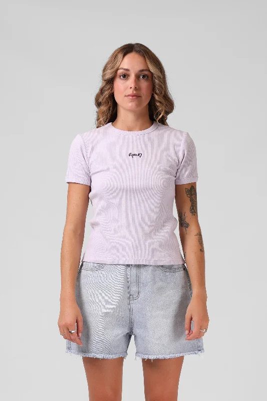 Heart Ribbed Tee - Faded Lilac V-Neck T-Shirt Long Sleeve Cotton