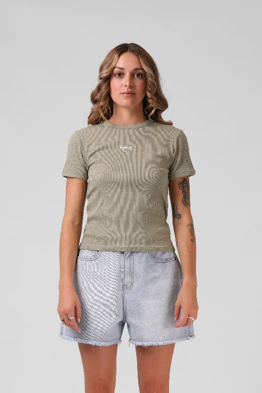 Heart Ribbed Tee - Light Olive Ribbed T-Shirt High Neck Heavyweight