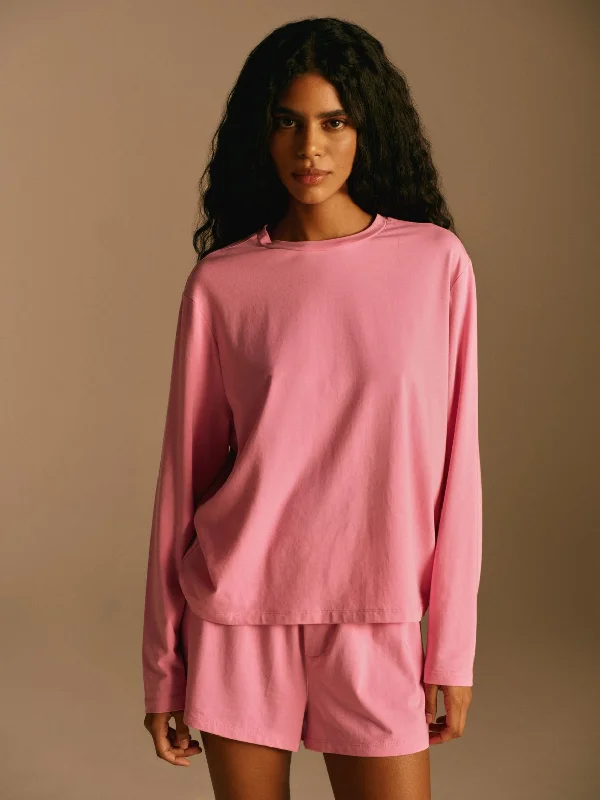 Modal Long Sleeve T-shirt - Candy Pink Basic T-Shirt Crew Neck Short Sleeve