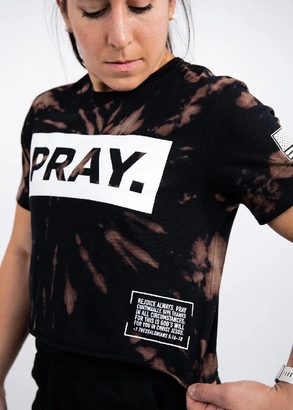 PRAY. Crop Tee: Bleached Black Chenille Blend Fleece Blend Nylon Blend