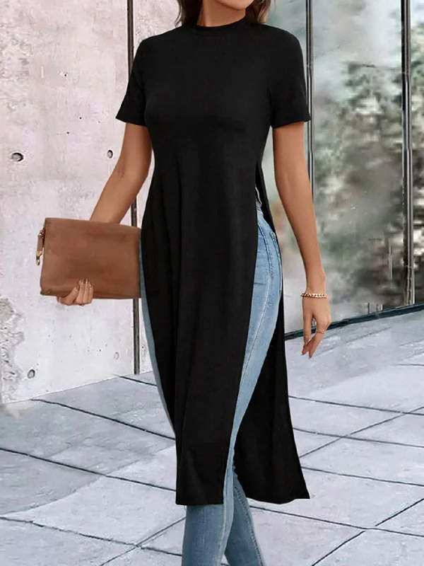 Solid Split Thigh Longline Tee Elegant Classic Vintage