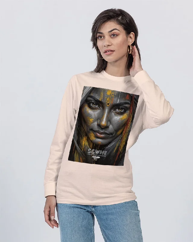 South Asian silver grey white hair sisters portrait [3] Unisex Long Sleeve Tee | Lane Seven Oversized T-Shirt Spandex breathable