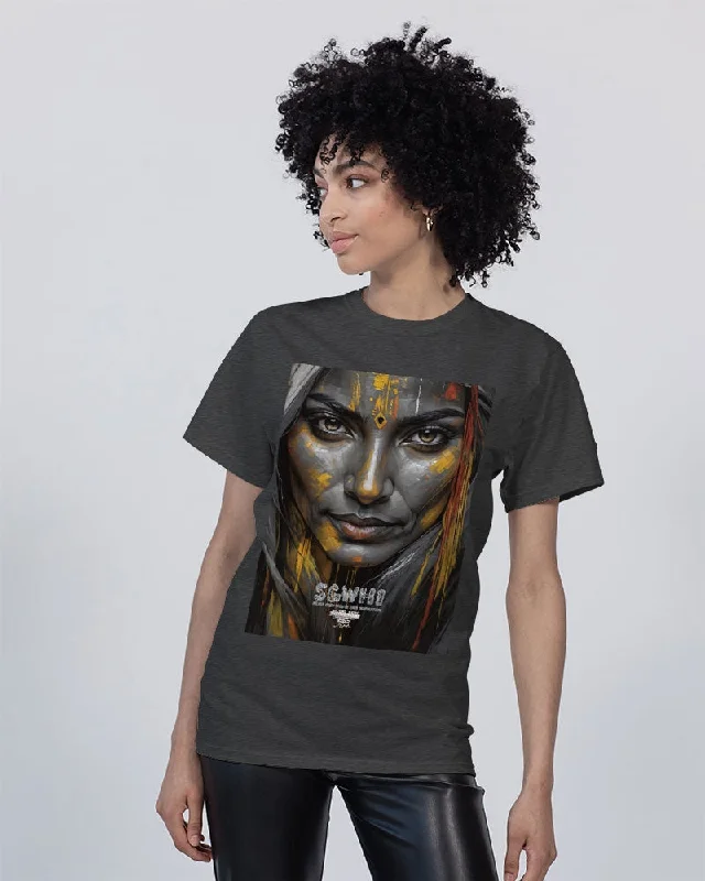 South Asian silver grey white hair sisters portrait [3] Unisex Tee | Champion Striped Floral Plaid