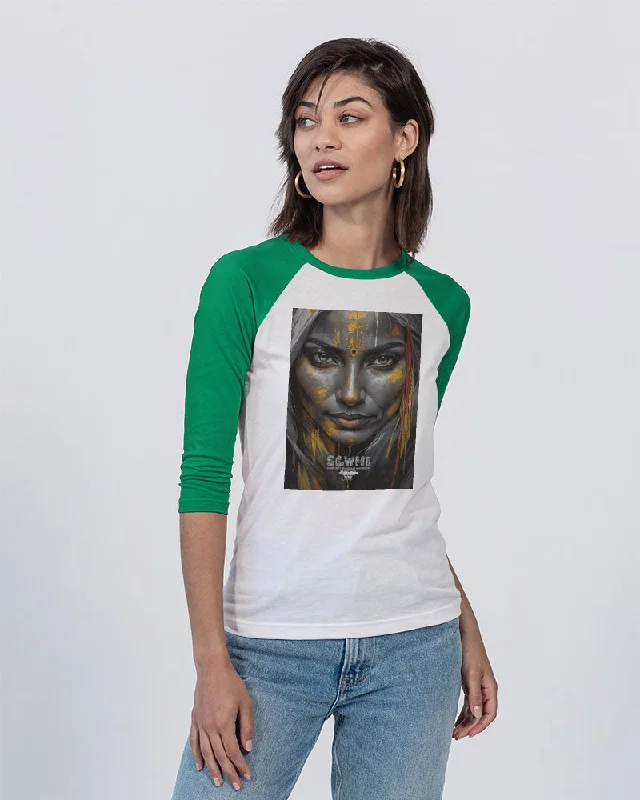 South Asian silver grey white hair sisters portrait [3] Unisex Three-Quarter Sleeve Baseball Tee | Bella + Canvas Terry Blend Velvet Blend Canvas Blend