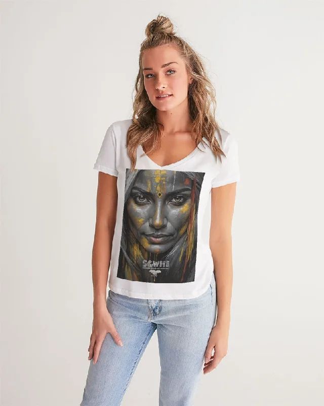 South Asian silver grey white hair sisters portrait [3] Women's All-Over Print V-Neck Tee Plaid T-Shirt Polka Dot Checkered