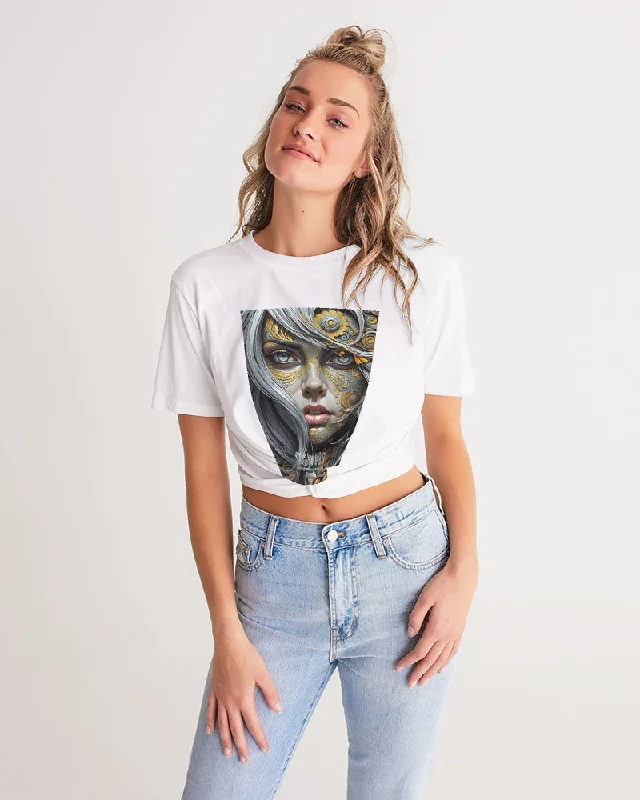 Sweet Silver Yellow Flower Grey Hair sister.[Part three] Women's All-Over Print Twist-Front Cropped Tee Collared T-Shirt Boat Neck A-Line