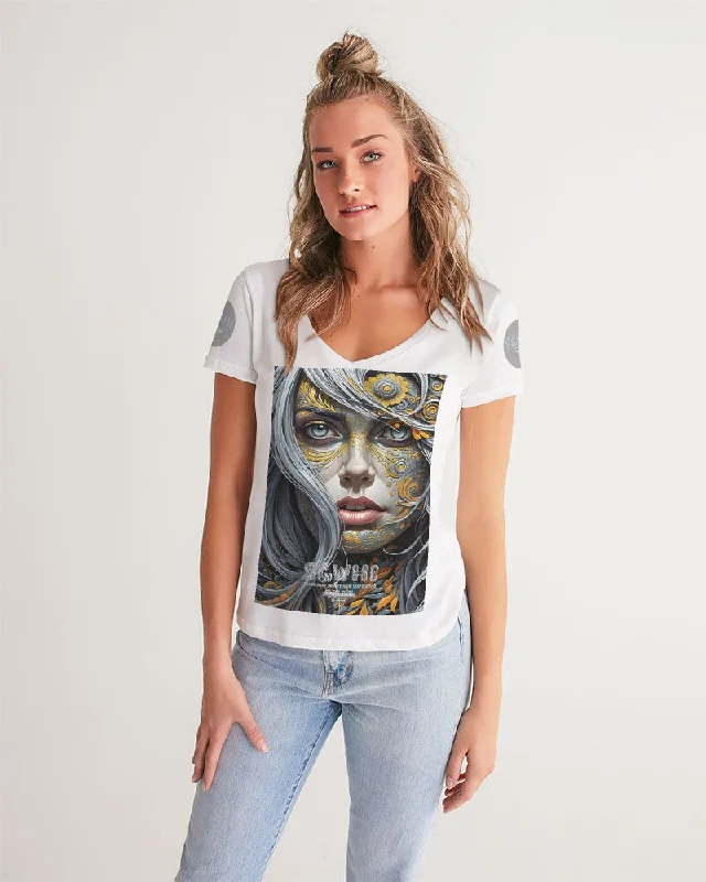 Sweet Silver Yellow Flower Grey Hair sister.[Part three] Women's All-Over Print V-Neck Tee Print Jacquard Patchwork